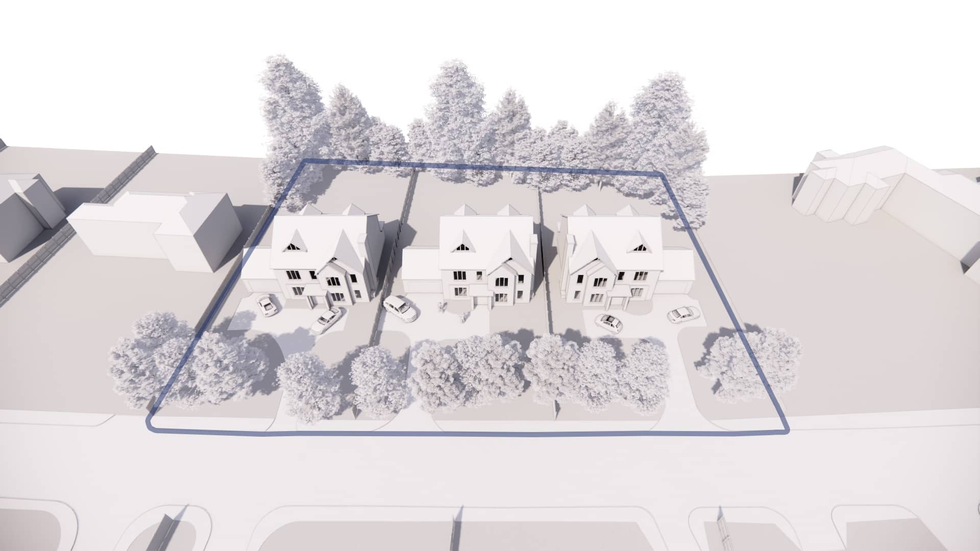 an aerial view of a computer rendered houses.