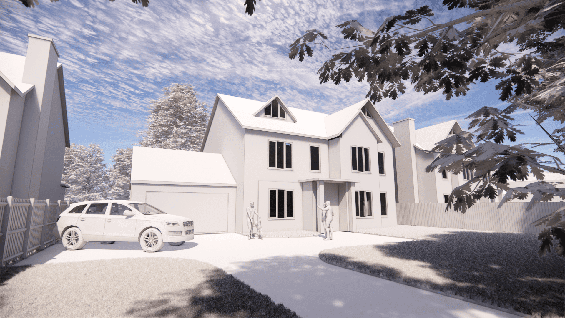 a computer rendered with a car parked in front of a house.