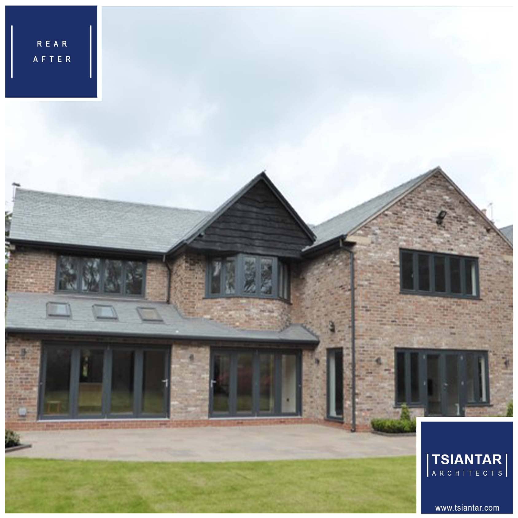a house with a blue roof and blue siding.