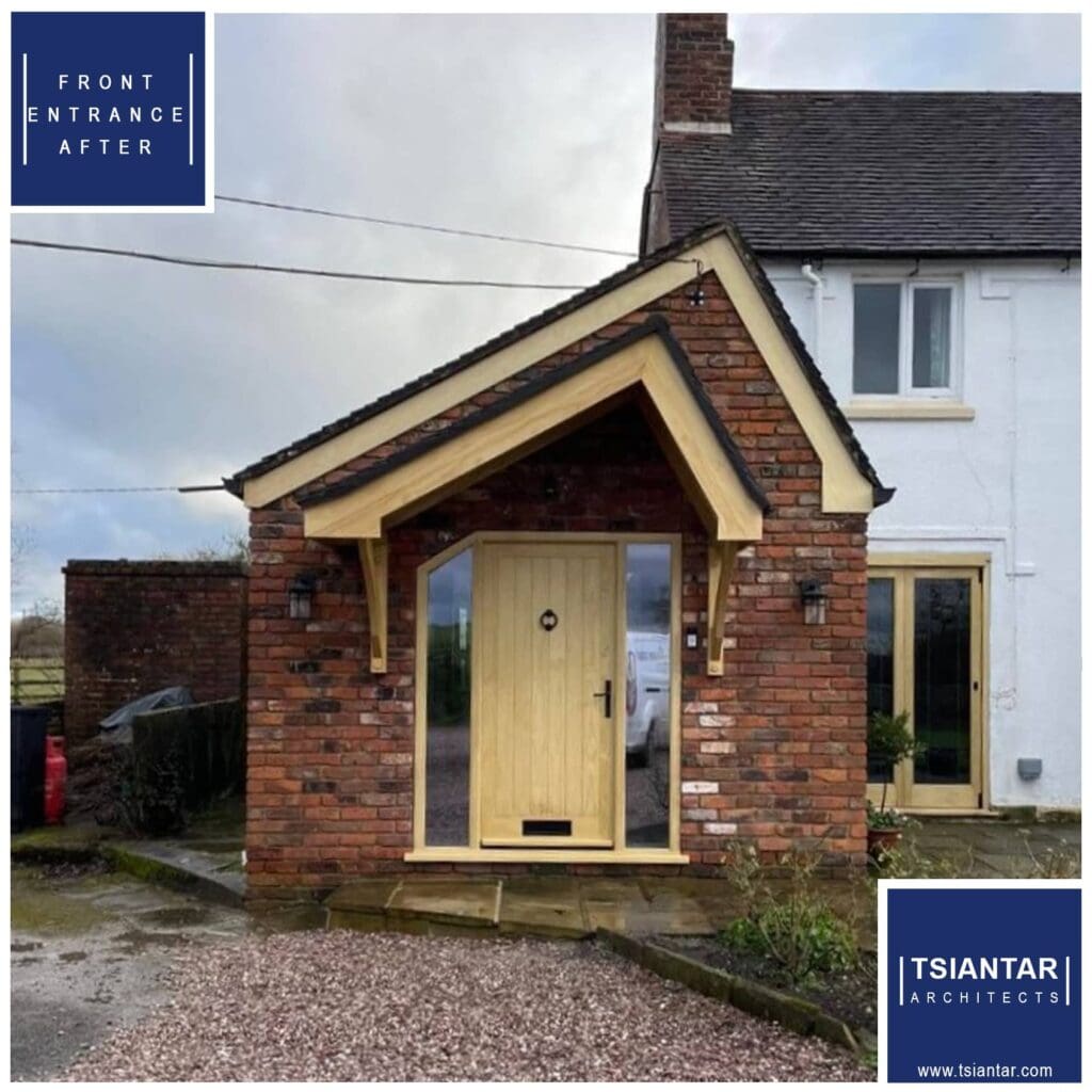 A farmhouse transformation with a brick front door.