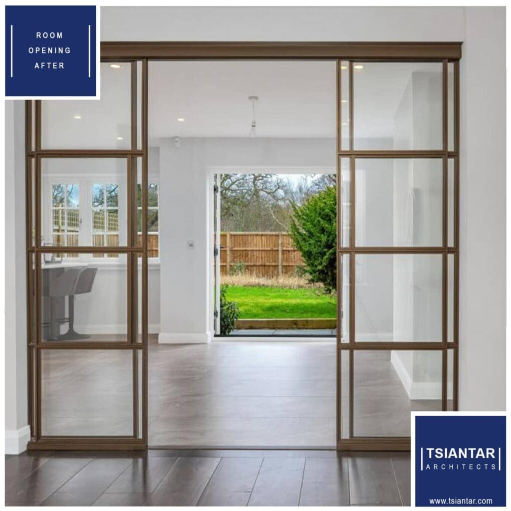 Modern interior view featuring glass-paneled doors leading to a garden, with a sign indicating a room opening after home renovation by Tsiantar architects.