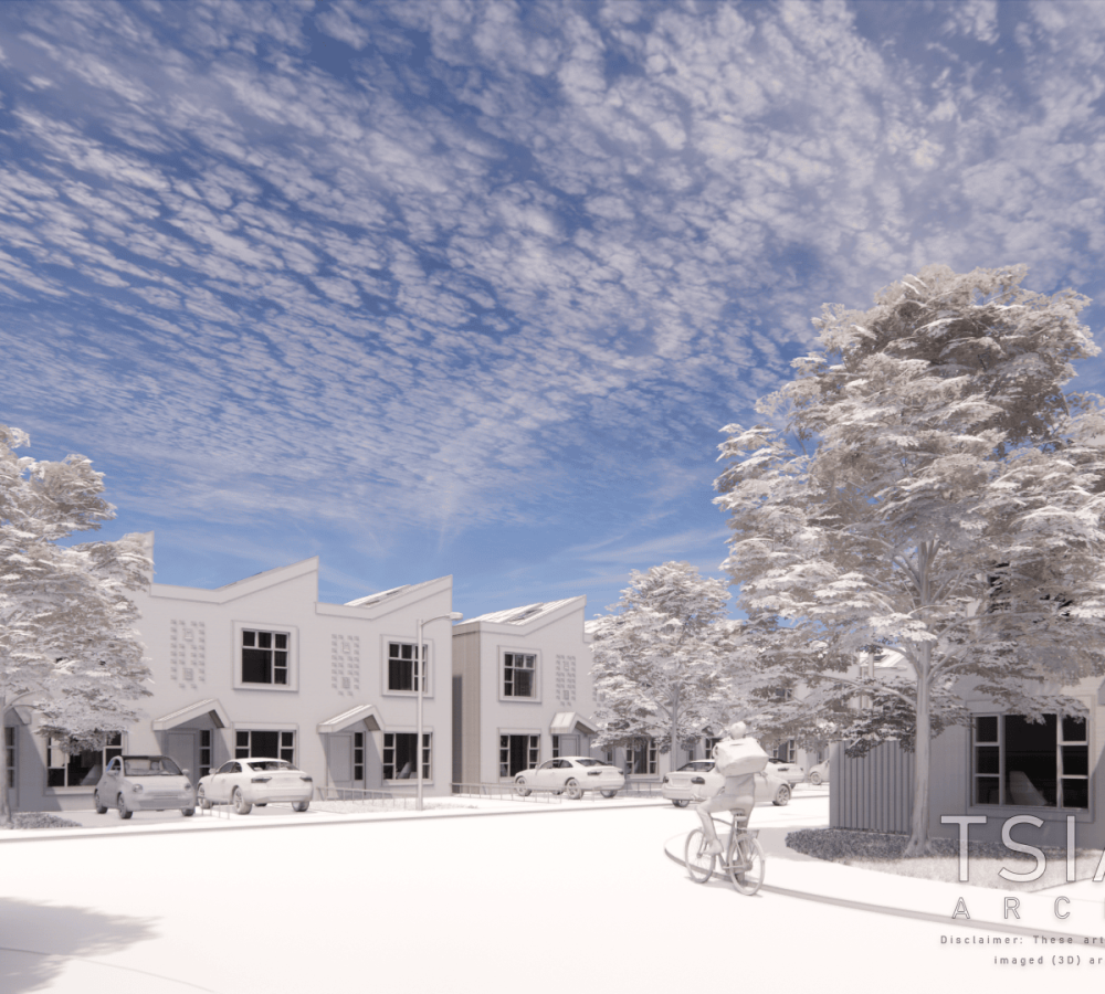 a computer rendered of the concept row houses with trees and roadway.