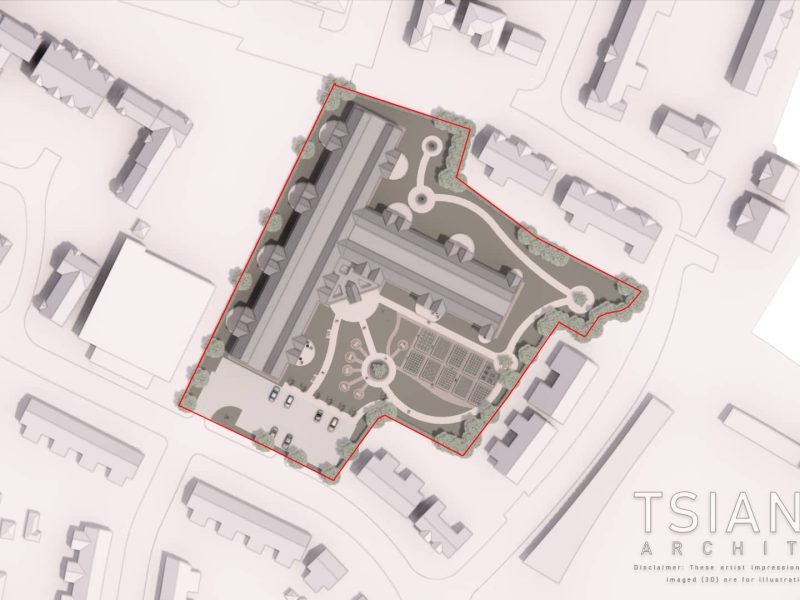 a computer rendered of the proposed senior living houses in a plot of land in bird's eye view.