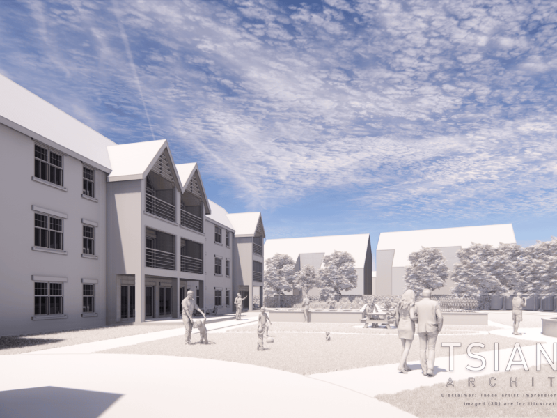 a computer rendered of the proposed senior living houses with people in the park.