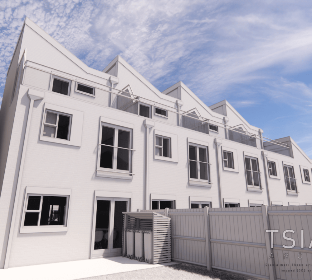 a computer rendered of the concept row houses in a backyard with a wooden fence.