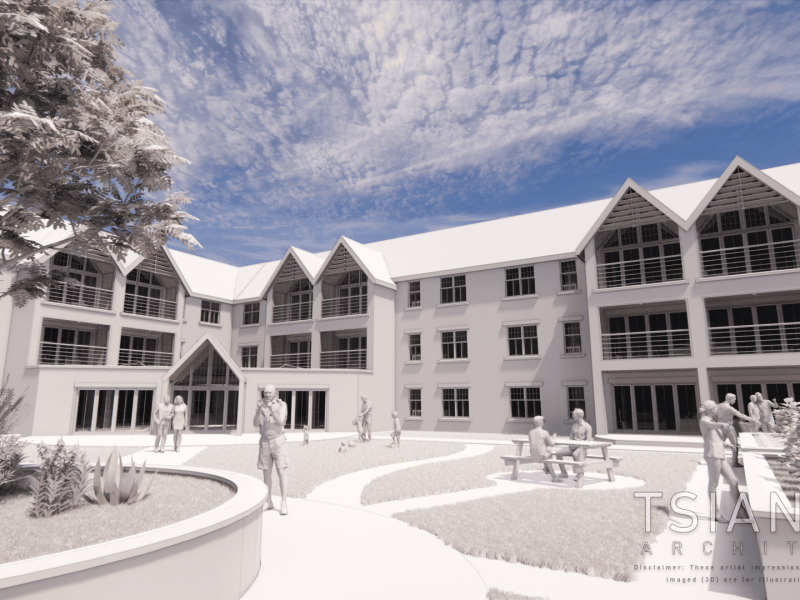 a computer rendered of the proposed senior living houses with people in the park.