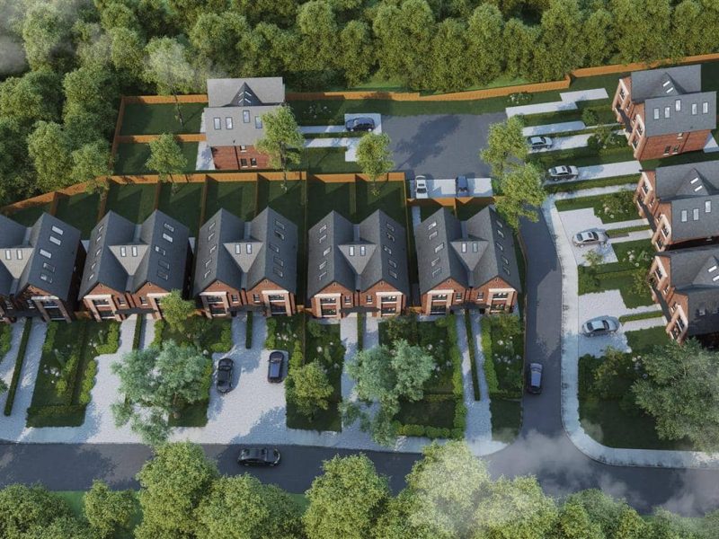 an aerial view of a group of houses.